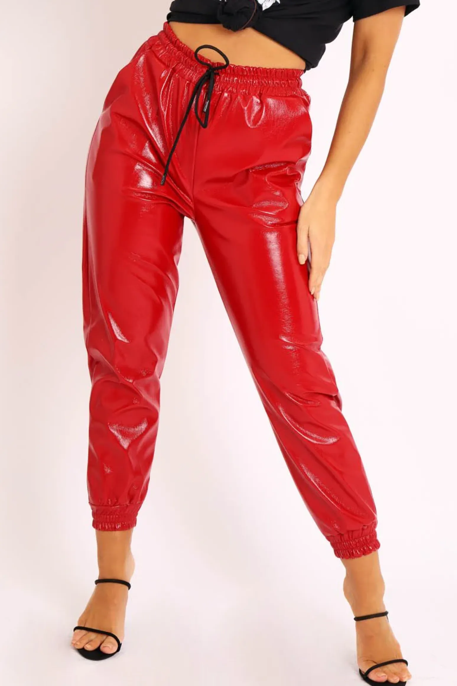 Rebellious Fashion Red High Shine Drawstring Waist Joggers - Faye