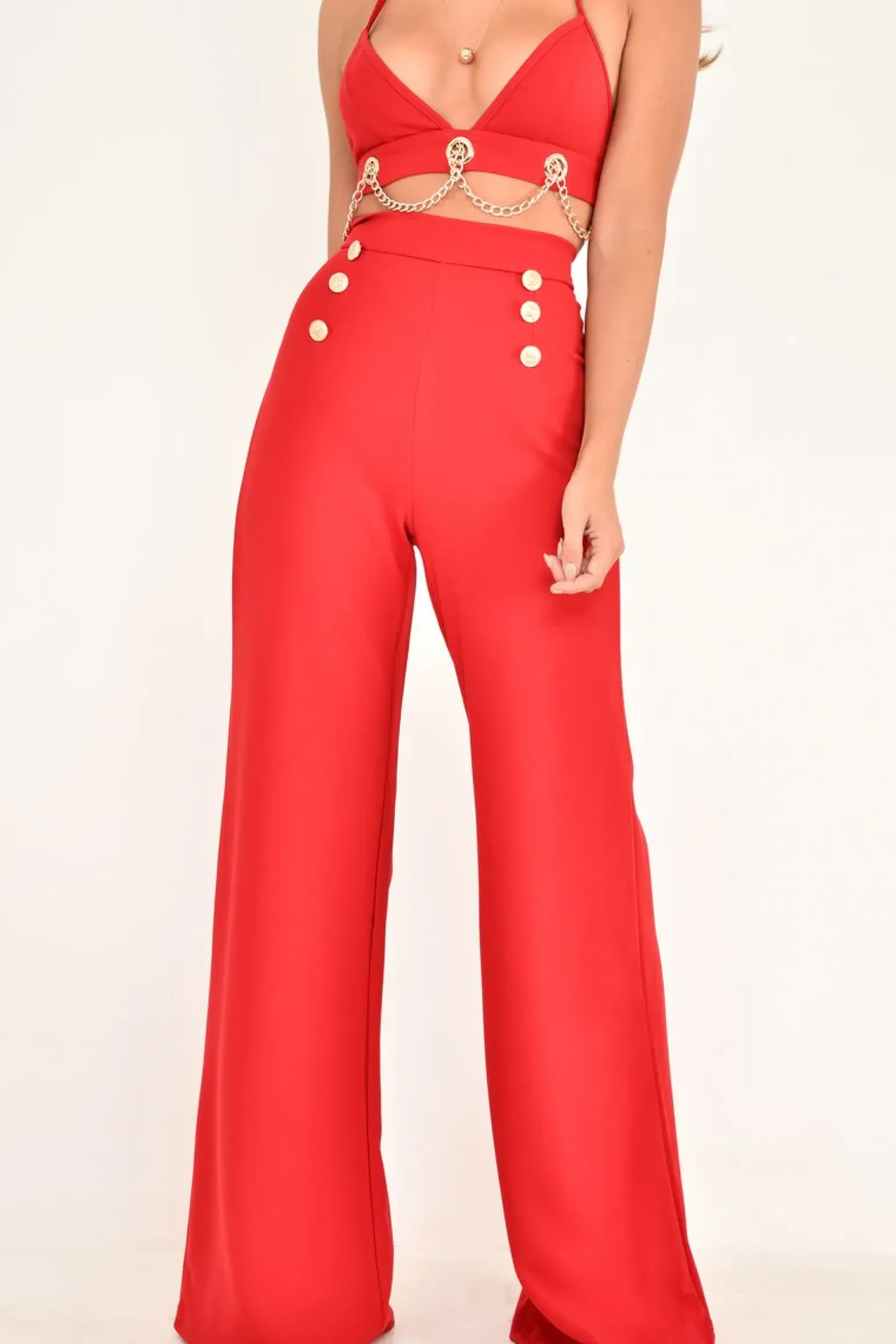 Rebellious Fashion Red High Waisted Wide Leg Button Front Trousers - Gidget