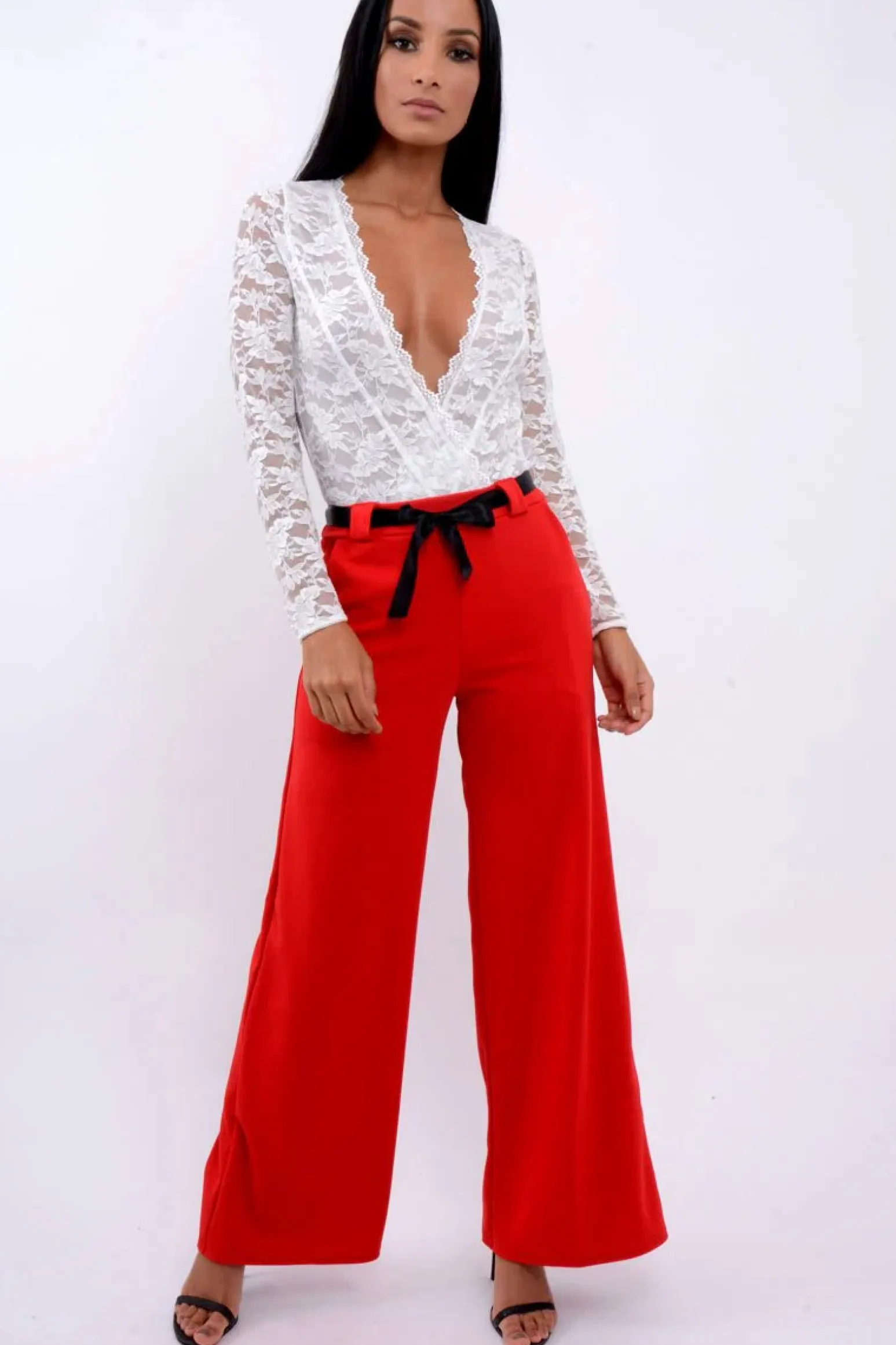 Rebellious Fashion Red High Waist Flare Trousers with Black Sash Belt - Lila