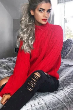 Rebellious Fashion Red Knit High Neck Jumper - Jaelynn