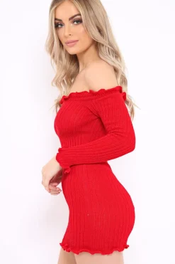 Rebellious Fashion Red Knitted Bardot Frill Dress - Leisha