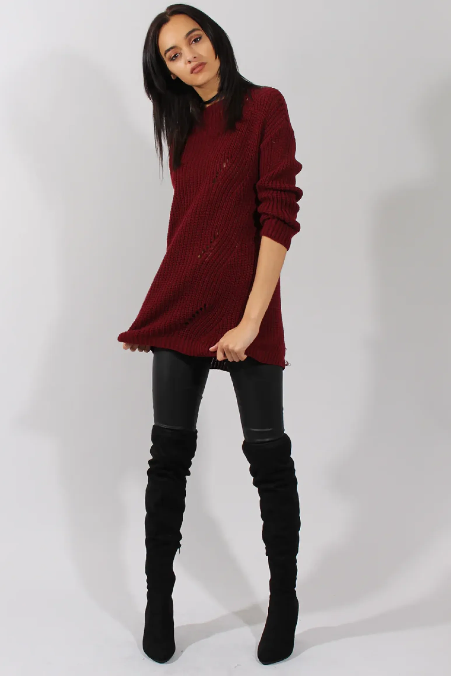 Rebellious Fashion Red Knitted Distressed Back Jumper Dress - Cara
