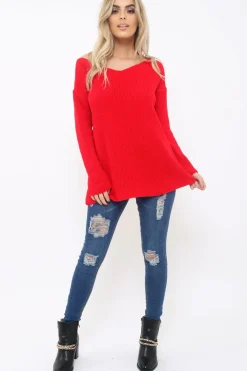 Rebellious Fashion Red Knitted Jumper with Bow Back - Oliviah