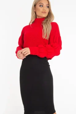 Rebellious Fashion Red Knitted Puff Arm High Neck Jumper - Lola
