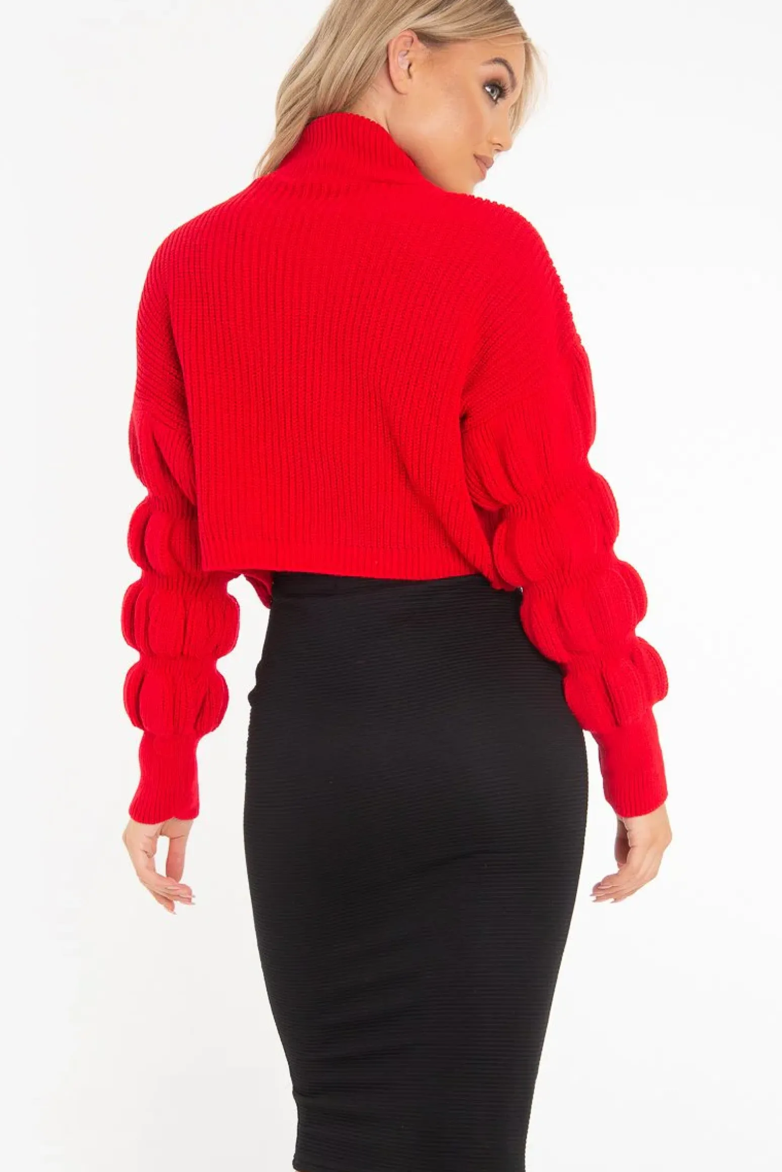 Rebellious Fashion Red Knitted Puff Arm High Neck Jumper - Lola