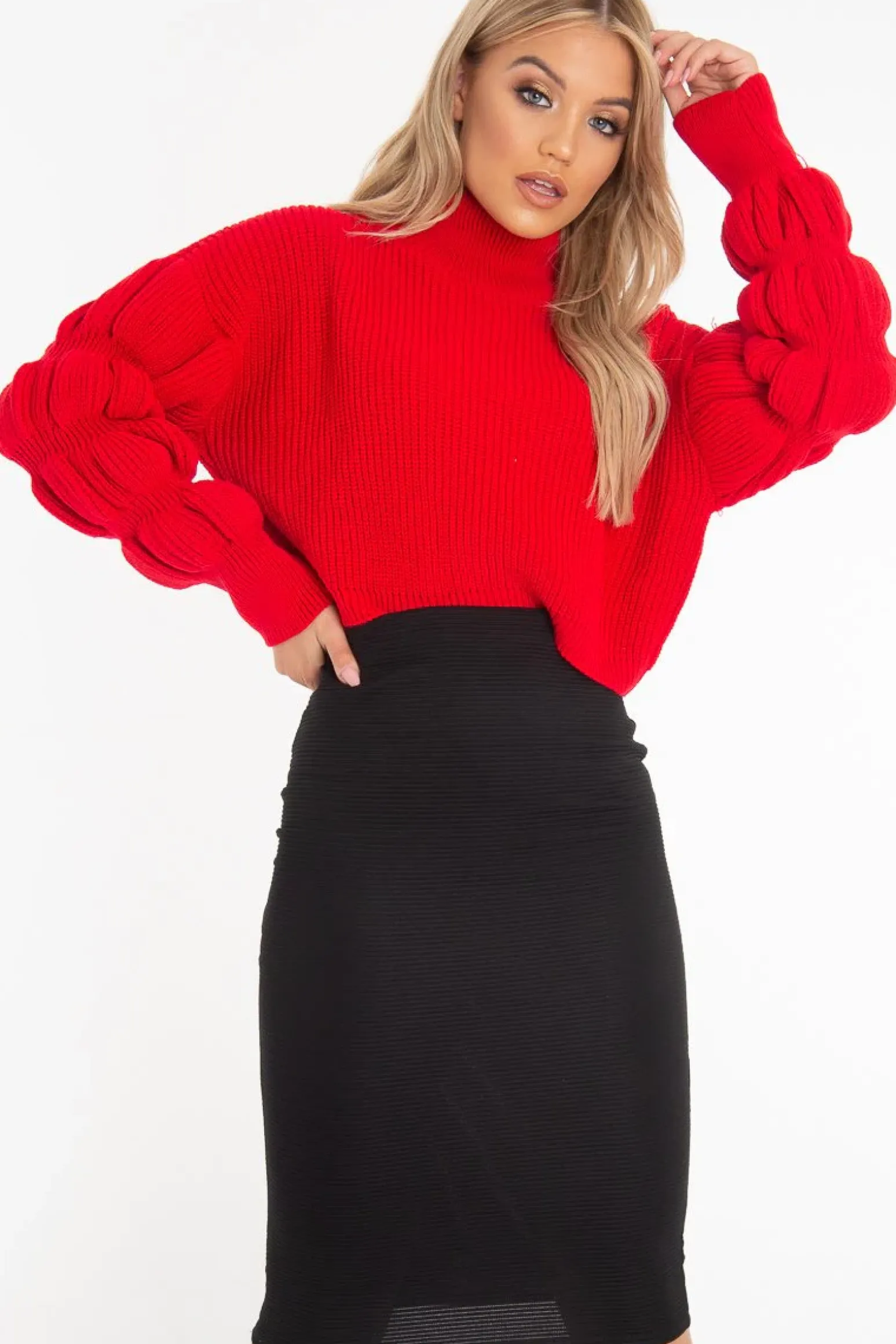 Rebellious Fashion Red Knitted Puff Arm High Neck Jumper - Lola
