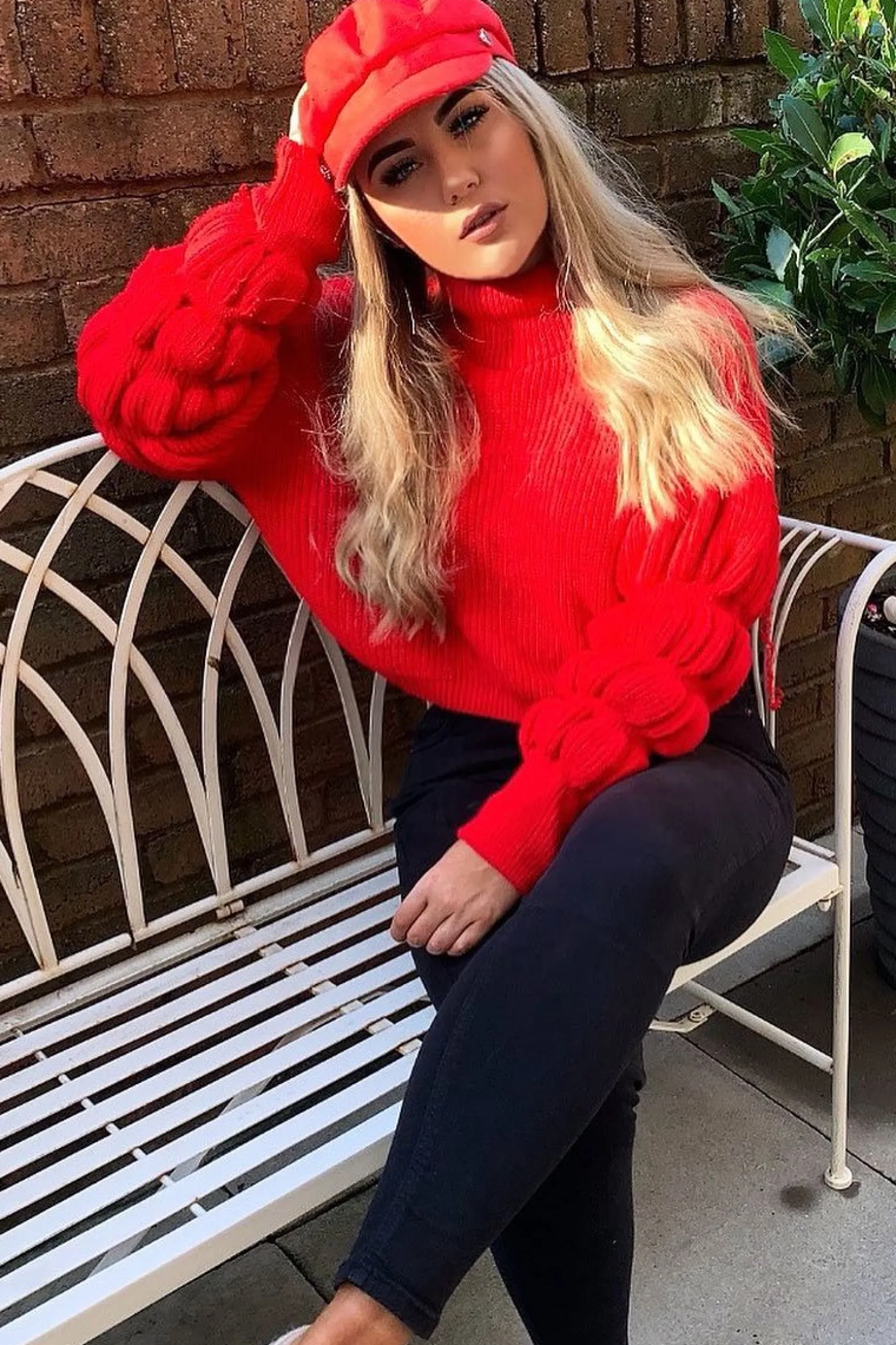 Rebellious Fashion Red Knitted Puff Arm High Neck Jumper - Lola