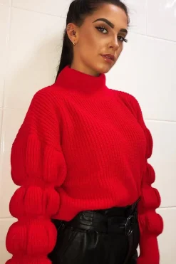 Rebellious Fashion Red Knitted Puff Arm High Neck Jumper - Lola