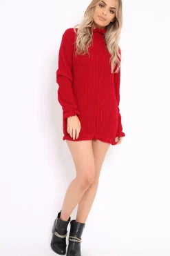 Rebellious Fashion Red Knitted Ruffle Jumper Dress with Elasticated hems - Velma