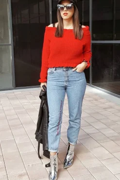 Rebellious Fashion Red Knitted Ruffle Jumper with Elasticated hems - Eve