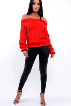 Rebellious Fashion Red Knitted Ruffle Jumper with Elasticated hems - Eve