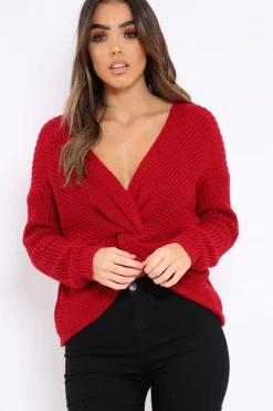 Rebellious Fashion Red Knot Back Knit Jumper - Kerri