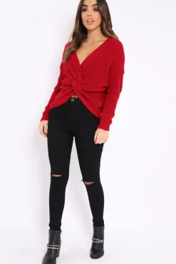 Rebellious Fashion Red Knot Back Knit Jumper - Kerri