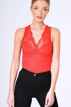 Rebellious Fashion Red Lace Bodysuit - Aubrey