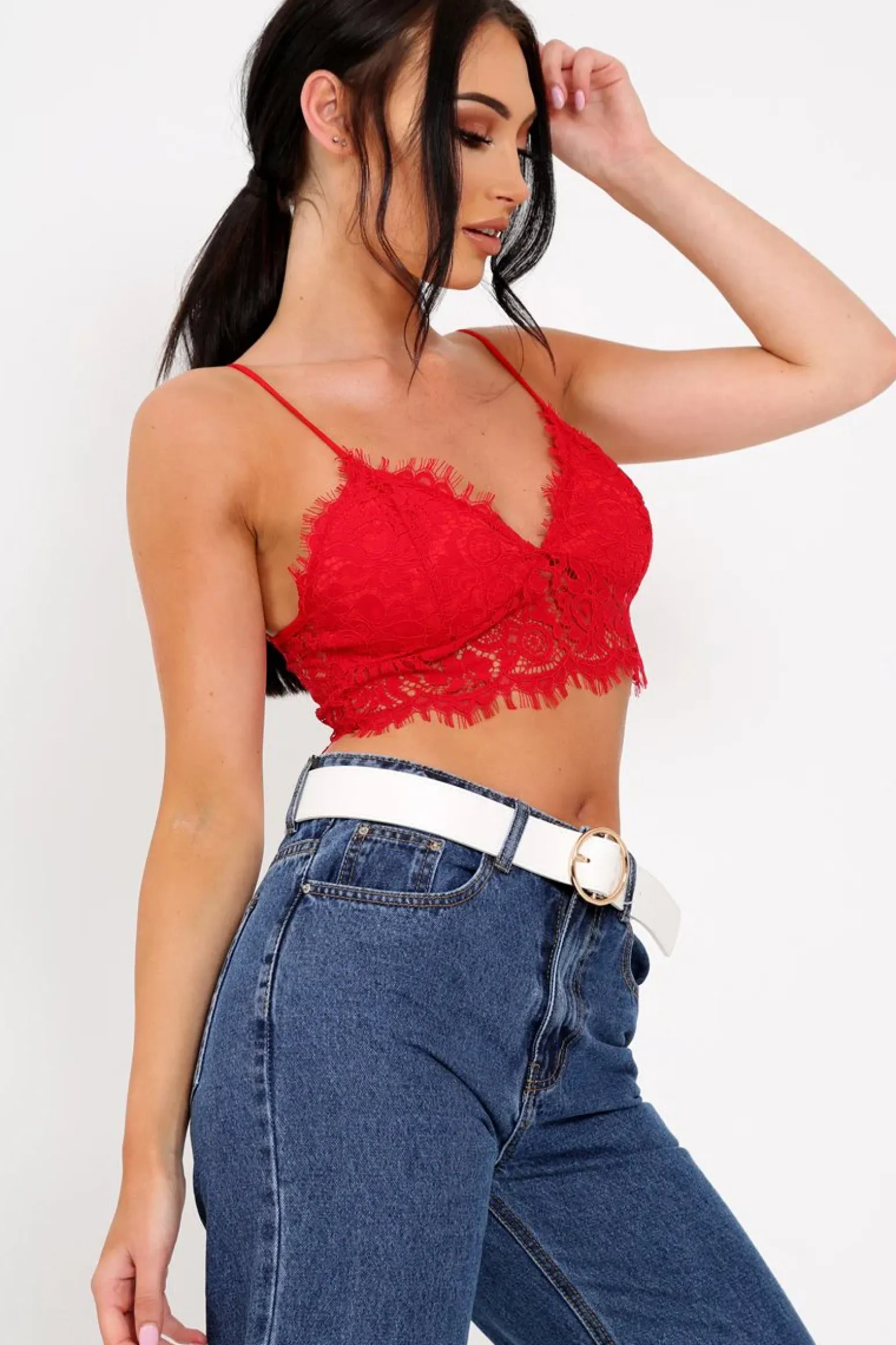 Rebellious Fashion Red Lace Cami Strap Crop Top - Lesta