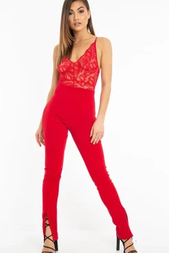 Rebellious Fashion Red Lace Cross Back Bodysuit - Brogan