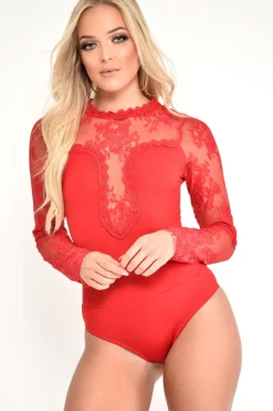 Rebellious Fashion Red Lace Mesh Insert Plunge Bodysuit - Taylen