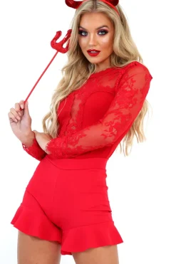 Rebellious Fashion Red Lace Mesh Insert Plunge Bodysuit - Taylen