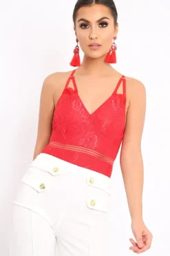 Rebellious Fashion Red Lace Open Back Bodysuit - Naomie