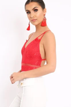 Rebellious Fashion Red Lace Open Back Bodysuit - Naomie