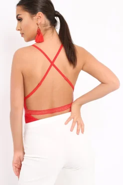 Rebellious Fashion Red Lace Open Back Bodysuit - Naomie