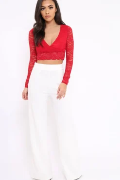 Rebellious Fashion Red Lace Plunge Scalloped Hem Crop Top - Elouise