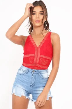 Rebellious Fashion Red Lace Sleeveless Open Back Bodysuit - Molina