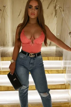 Rebellious Fashion Red Lace Underwired Cup Detail Bodysuit - Mariah