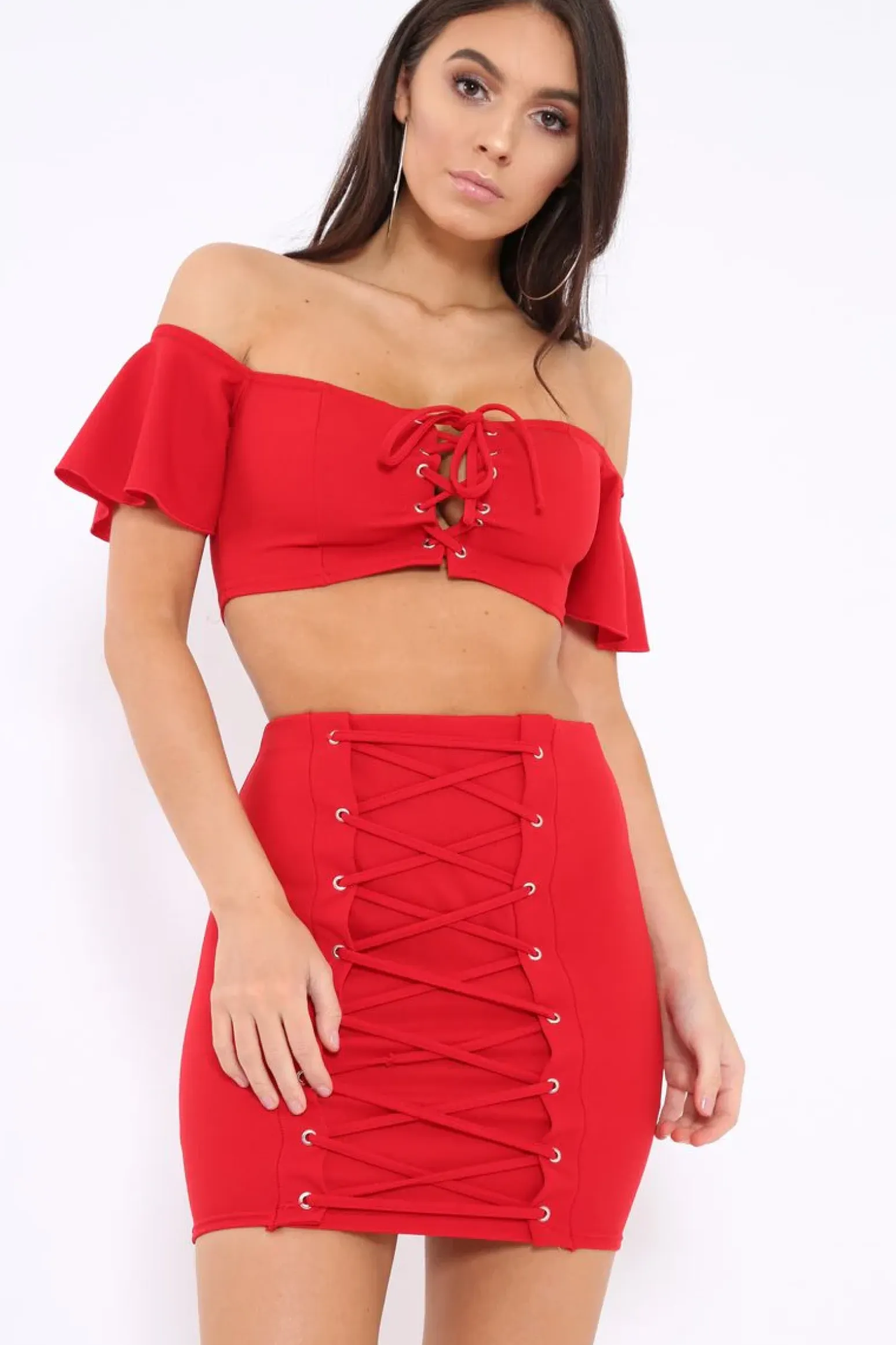 Rebellious Fashion Red Lace Up Crop Top And Skirt Co-ord - Pixie