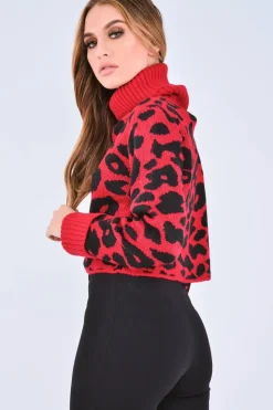 Rebellious Fashion Red Leopard Crop Roll Neck Jumper - Halley