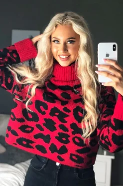 Rebellious Fashion Red Leopard Crop Roll Neck Jumper - Halley