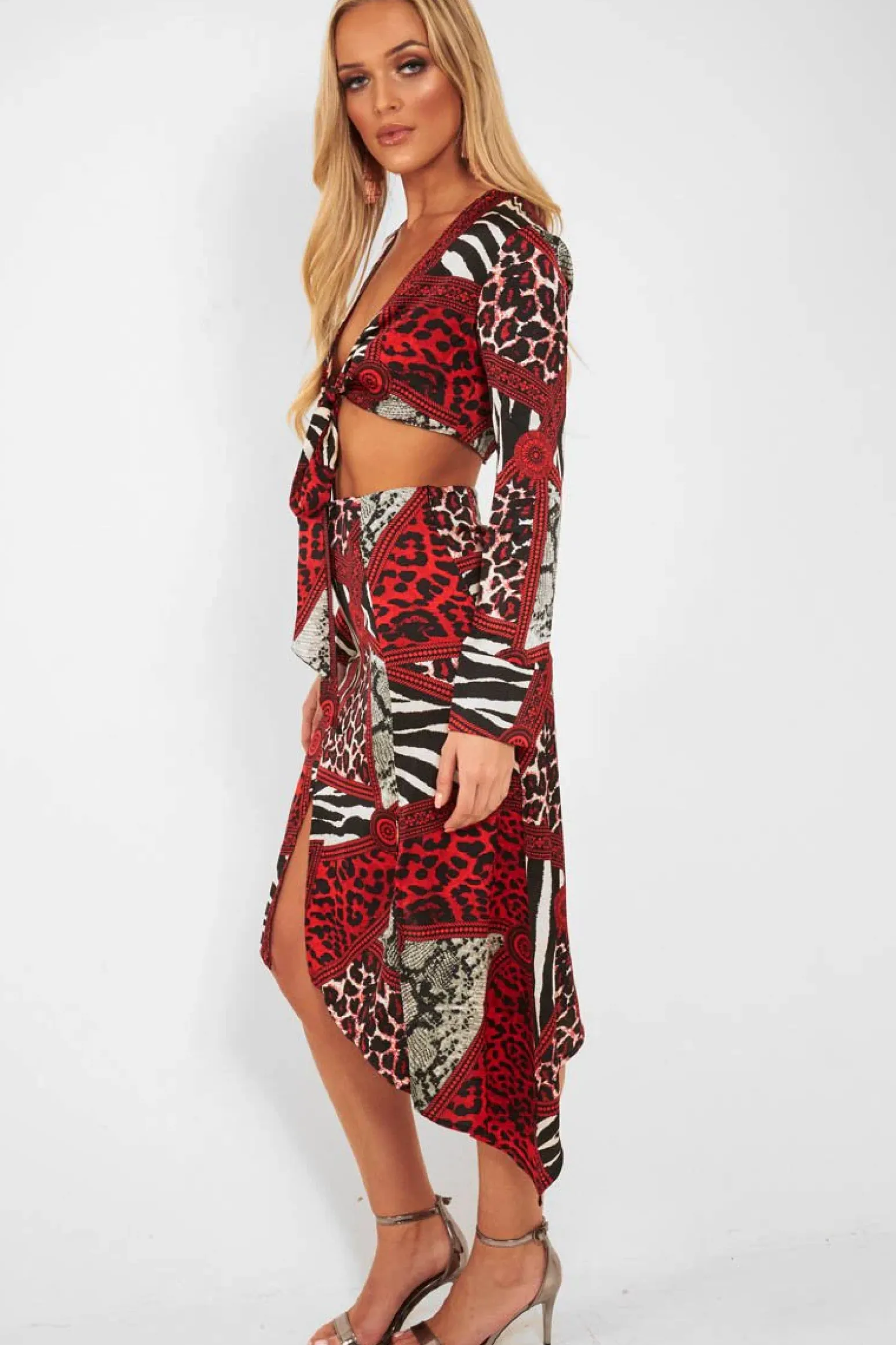 Rebellious Fashion Red Leopard Mix Print Split Front Midi Skirt - Valera