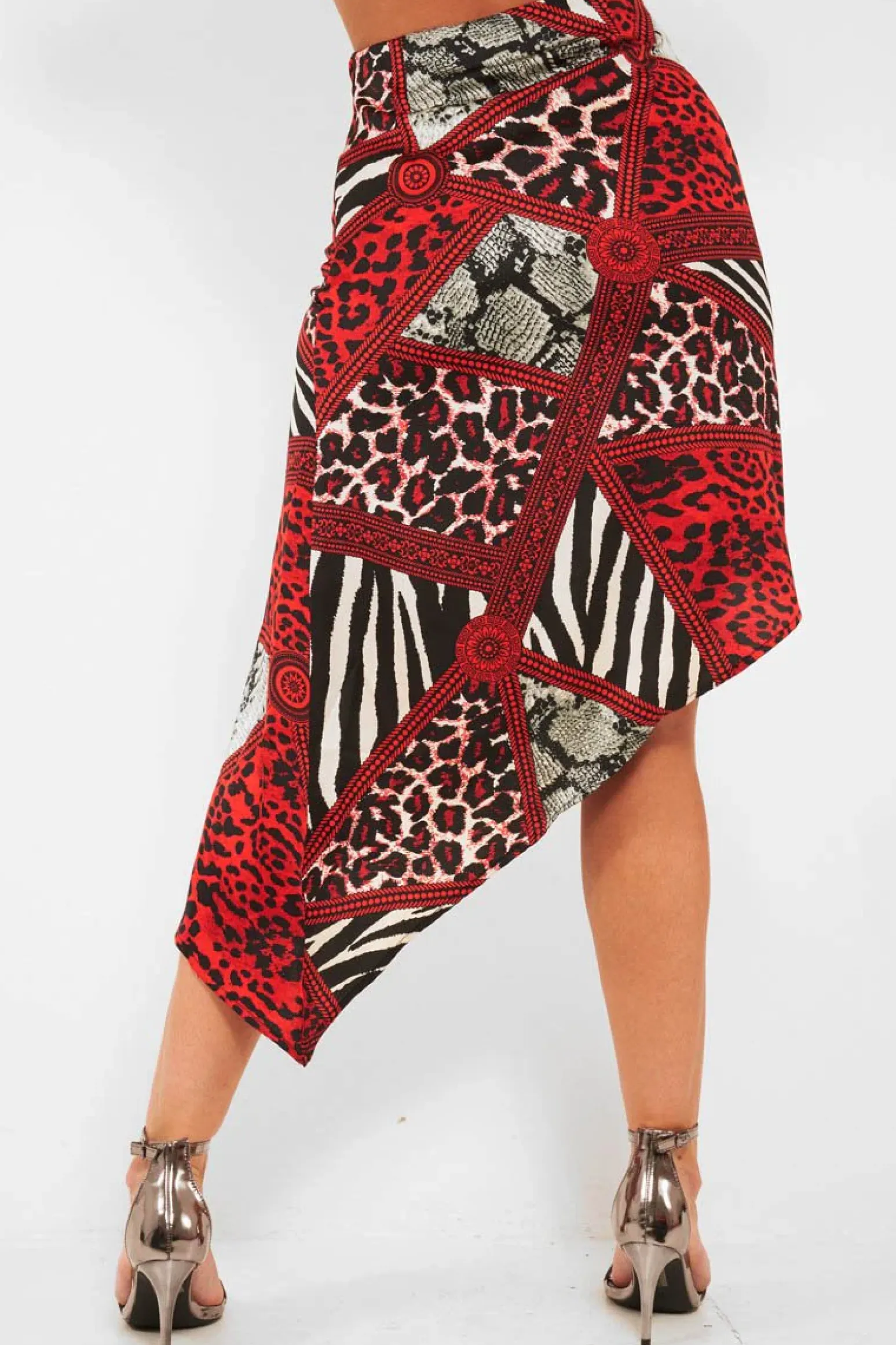 Rebellious Fashion Red Leopard Mix Print Split Front Midi Skirt - Valera