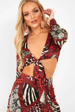 Rebellious Fashion Red Leopard Plunge Tie Front Blouse - Sedonia