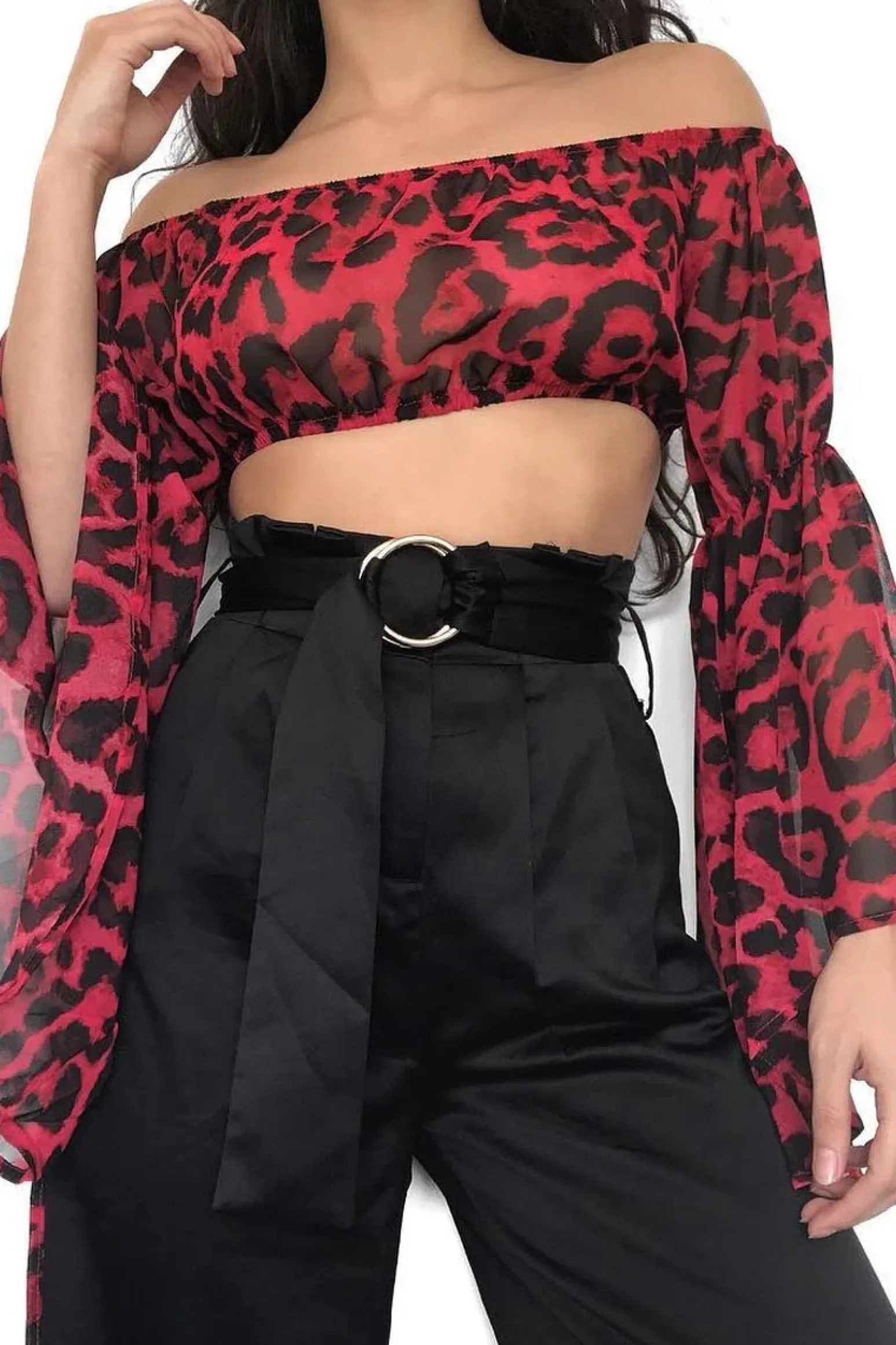 Rebellious Fashion Red Leopard Print Flared Sleeves Sheer Crop Top - Jordan