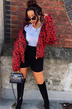 Rebellious Fashion Red Leopard Print Puffer Coat - Shona