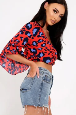 Rebellious Fashion Red Leopard Print Ruched Crop Top - Damira