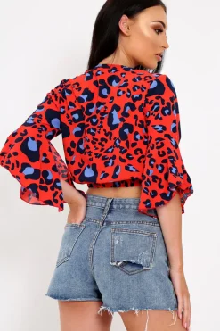 Rebellious Fashion Red Leopard Print Ruched Crop Top - Damira