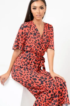 Rebellious Fashion Red Leopard Print Wrap Culotte Jumpsuit -Juni