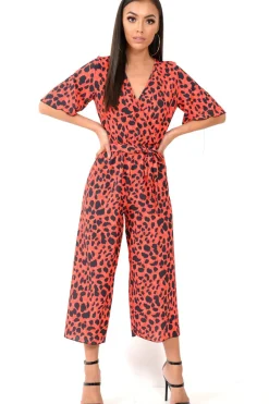 Rebellious Fashion Red Leopard Print Wrap Culotte Jumpsuit -Juni