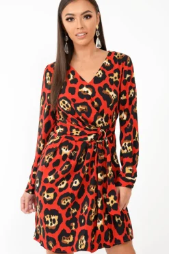 Rebellious Fashion Red Leopard Wrap Belted Dress - Keniah