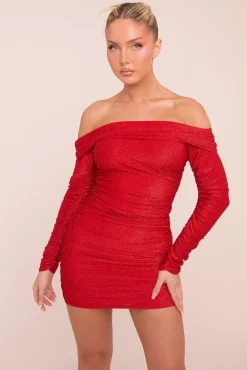 Rebellious Fashion Red Lurex Bardot Ruched Bodycon Mini Dress - Vivian
