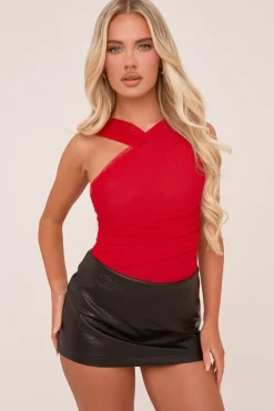Rebellious Fashion Red Mesh Asymmetric Strap Bodysuit - Blessing