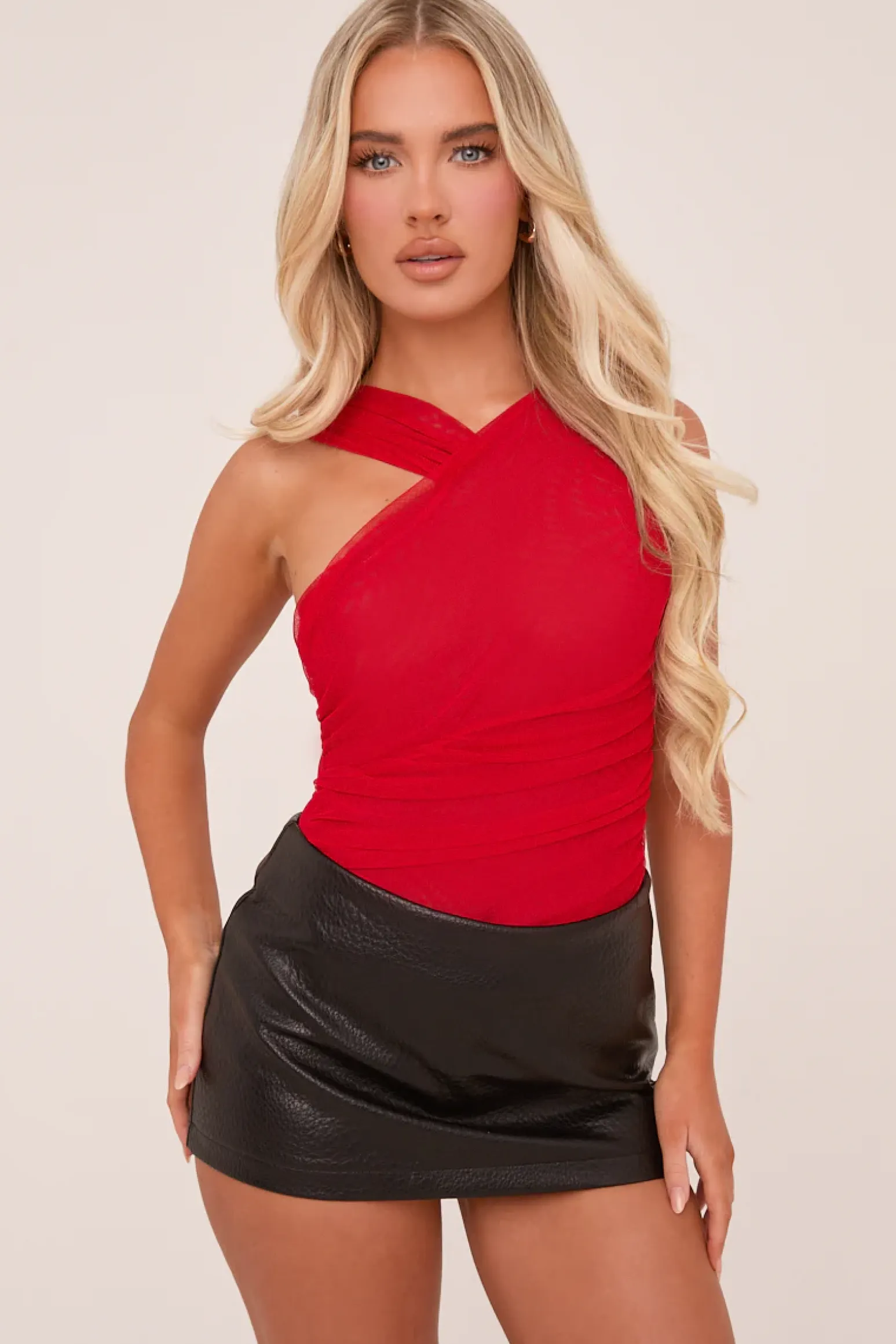 Rebellious Fashion Red Mesh Asymmetric Strap Bodysuit - Blessing