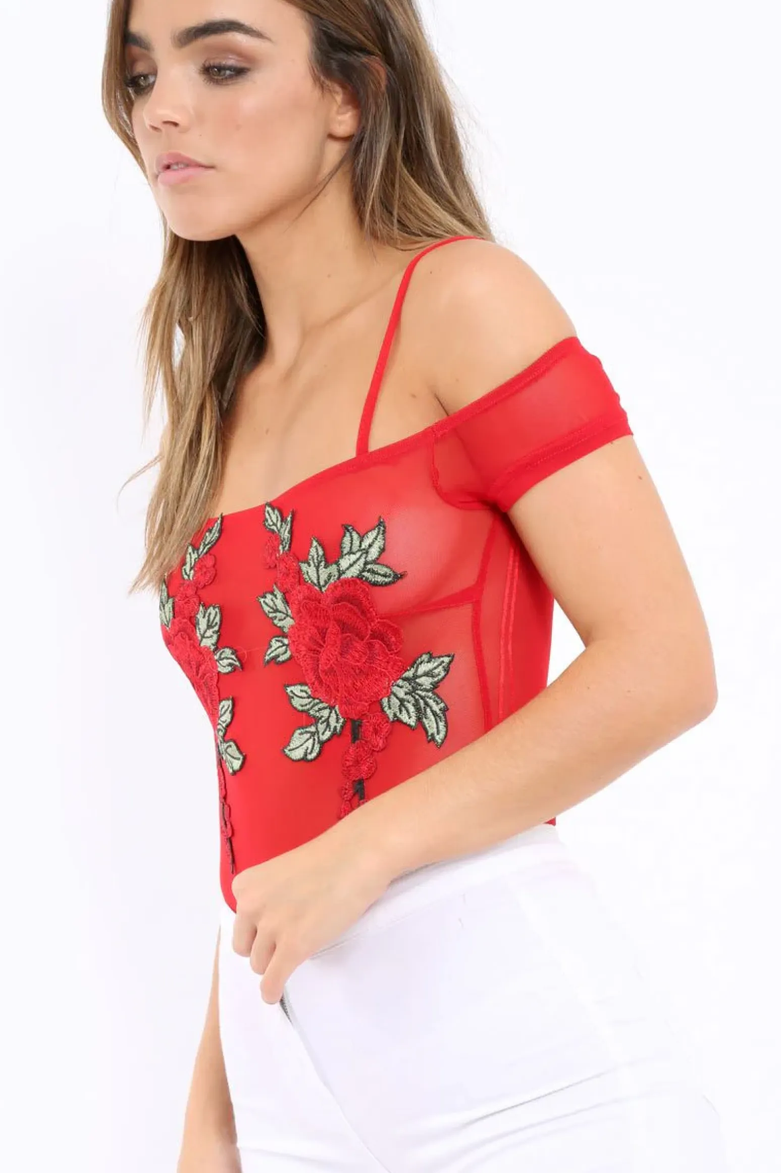 Rebellious Fashion Red Mesh Flower Applique Bodysuit - Sabella
