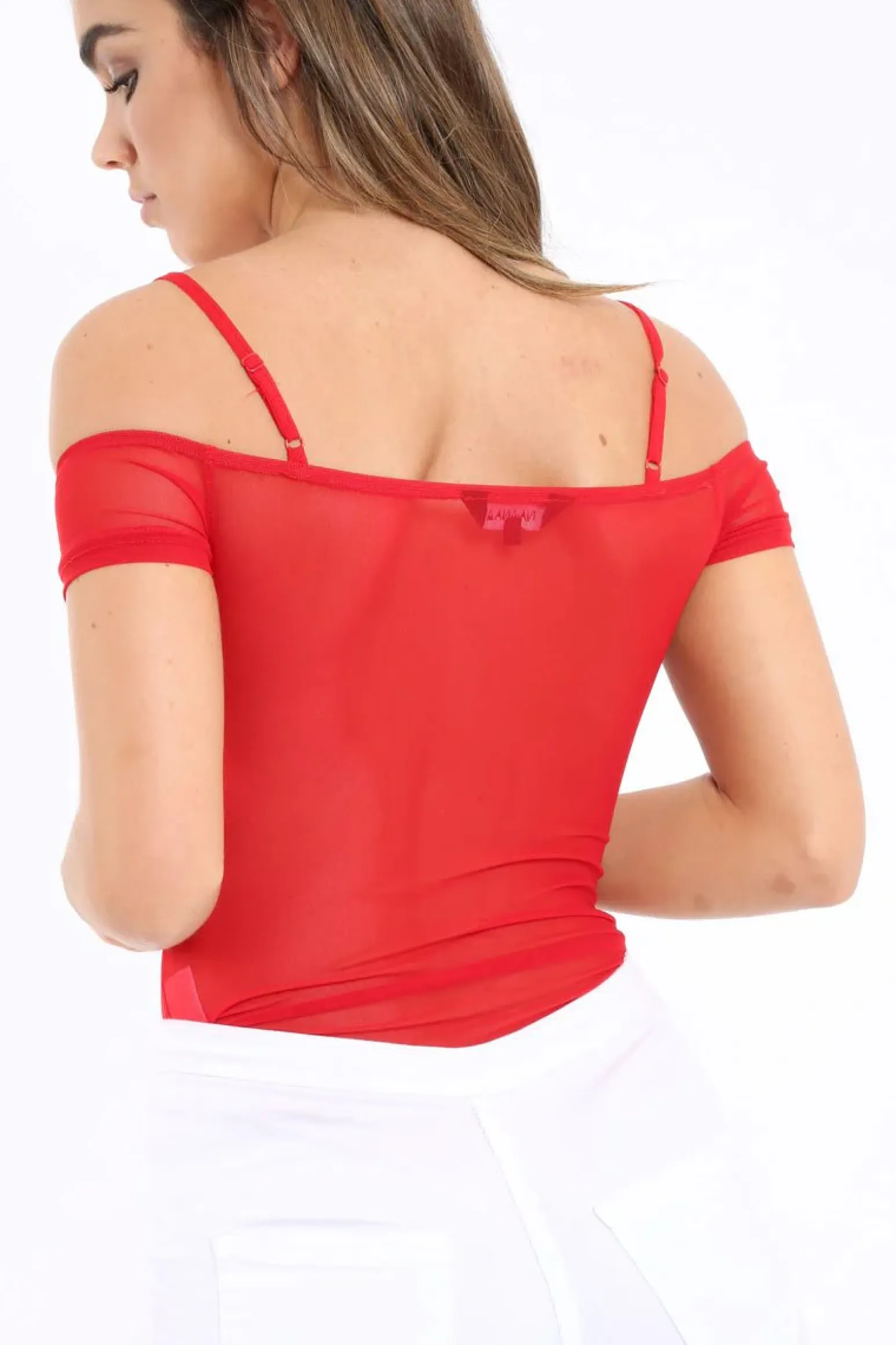 Rebellious Fashion Red Mesh Flower Applique Bodysuit - Sabella