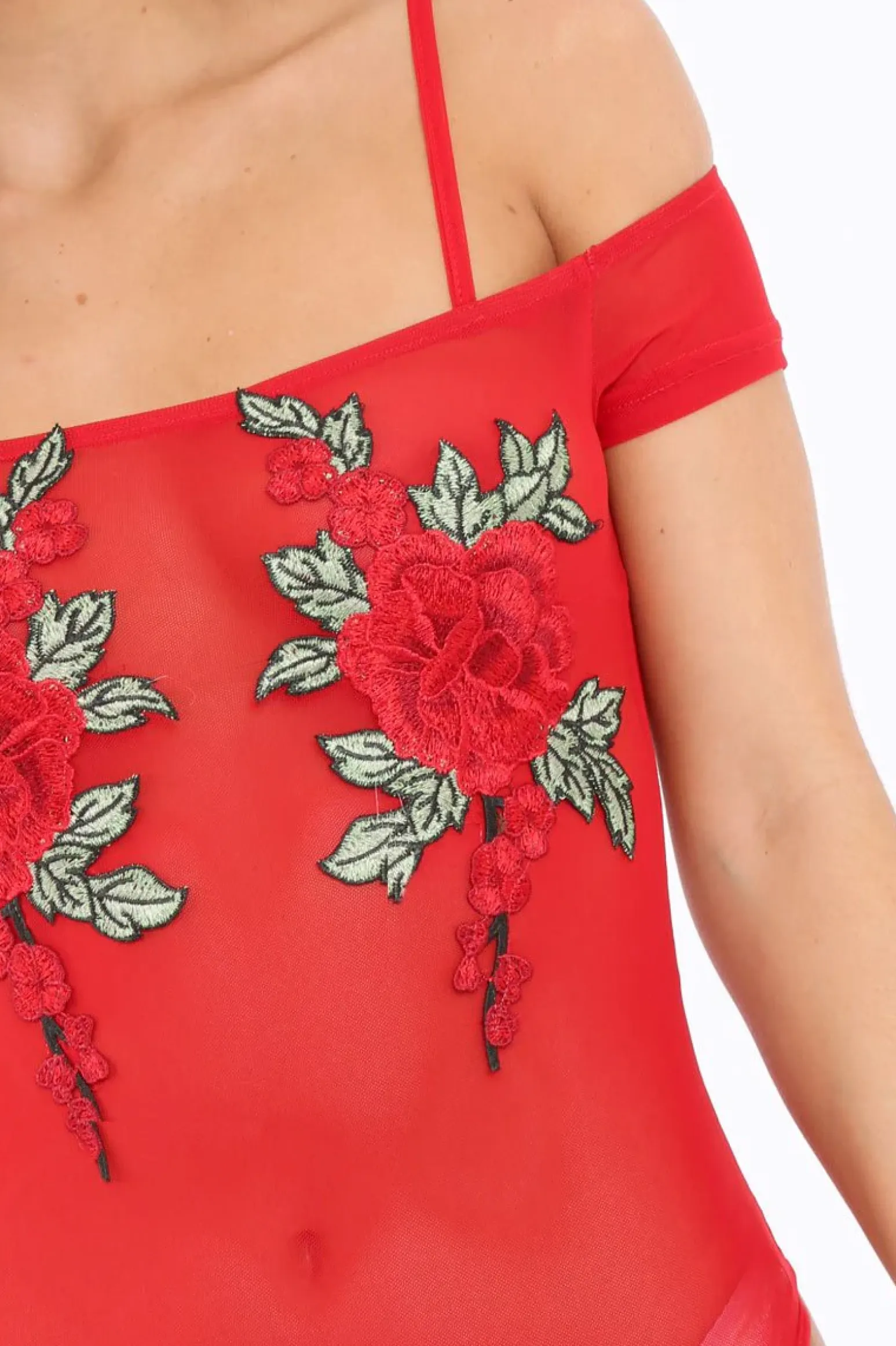 Rebellious Fashion Red Mesh Flower Applique Bodysuit - Sabella