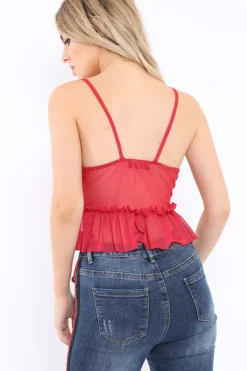 Rebellious Fashion Red Mesh Frill Hem Crop Top - Annora