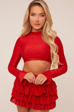 Rebellious Fashion Red Metallic Lurex High Neck Cropped Top & Mini Skirt Co-ord Set - Felipa
