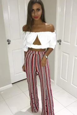 Rebellious Fashion Red Multi Stripe Side Popper Wide Leg Trousers - Leah